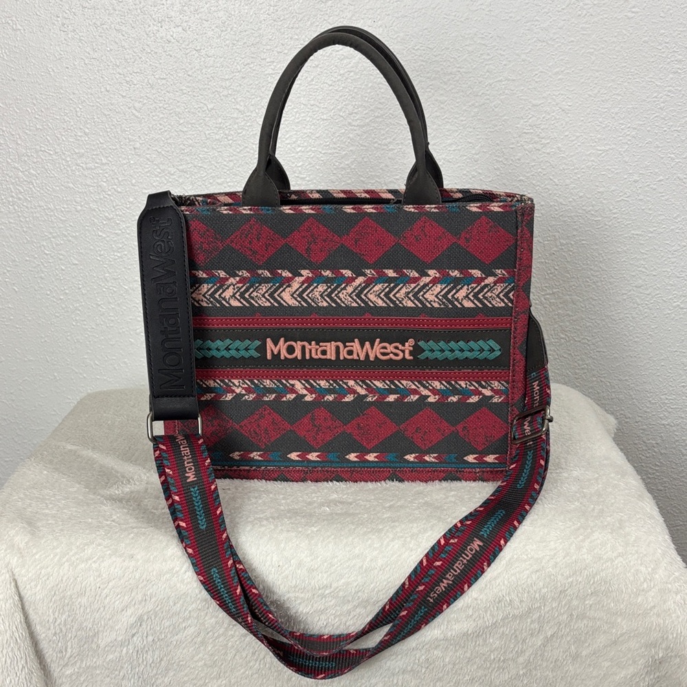 EUC Montana West concealed carry Red and Teal Patterned Tote. SzOS